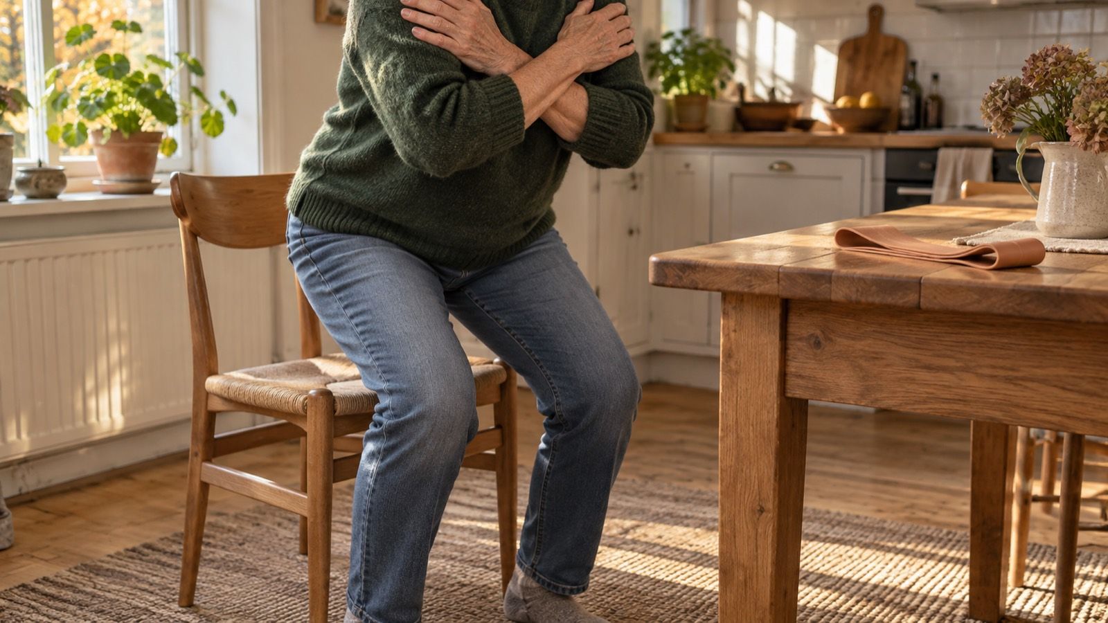 En person i grön tröja reser sig från en köksstol med armarna i kors